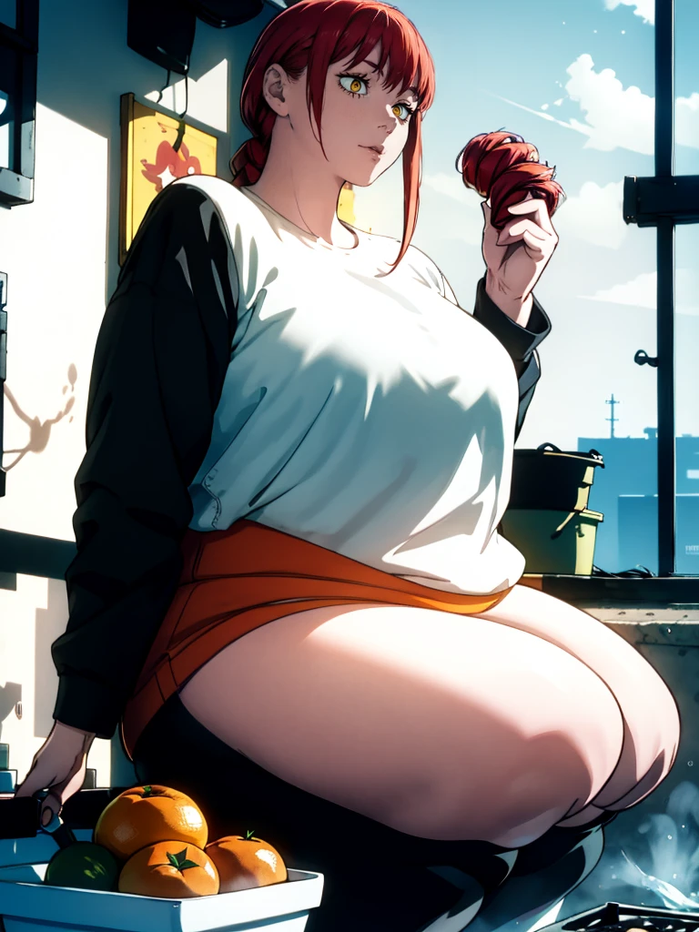 Le personnage Makima de la série animée Chainsaw Man, fragile, obésité morbide, ssbbw, pleine longueur (corps entier 1.1.), fond sombre, obscurité, anatomie correcte 1.1, anatomie correcte de la main, Très féminin, corps gras et rond, grosses Jambes, fesses, beau corps obèse, ventre rond et mou très gras, cheveux roux, Yeux oranges, Cercles rouges pour les écoliers, chemise blanche, jupe noire, cravate noire, pose sexy, réaliste, very détaillé, beau corps, détaillé body, détaillé hands, détaillé, vibrant, détaillé Face, Conception des personnages de Makima. very détaillé, détaillé body, détaillé hands, détaillé Face, Art animé, Hugh Détails, Visage très abattu, détaillé eyes, Illustration ultra fine, Meilleure ombre, détail fin, beautiful détaillé glow, beautiful détaillé, Extraordinairement beau, extremely détaillé, inexpressif, composition épique, Style animé. art animé, Style animé. Jupe noire, chemise blanche, cravatte, pose sexy