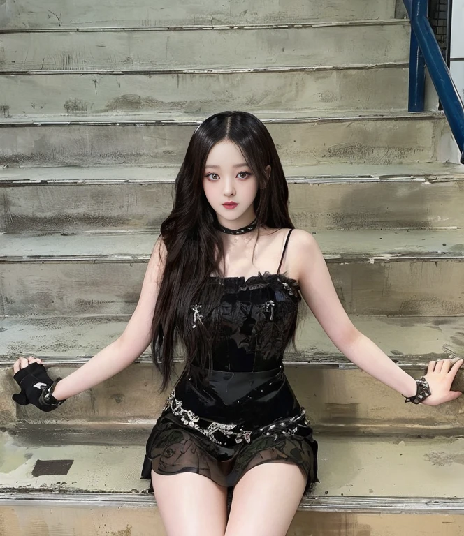 Araffe woman sitting on stairs with arms outstretched., cruel korean gothic girl, dilraba dilmurat, Full Body Xianxia, jossi de blackpink, Jisoo from Blackpink, portrait of jossi de blackpink, Xision Wu, Jisoo from Blackpink, jinyoung shin, korean idol, beautiful dolphin, cai xukun