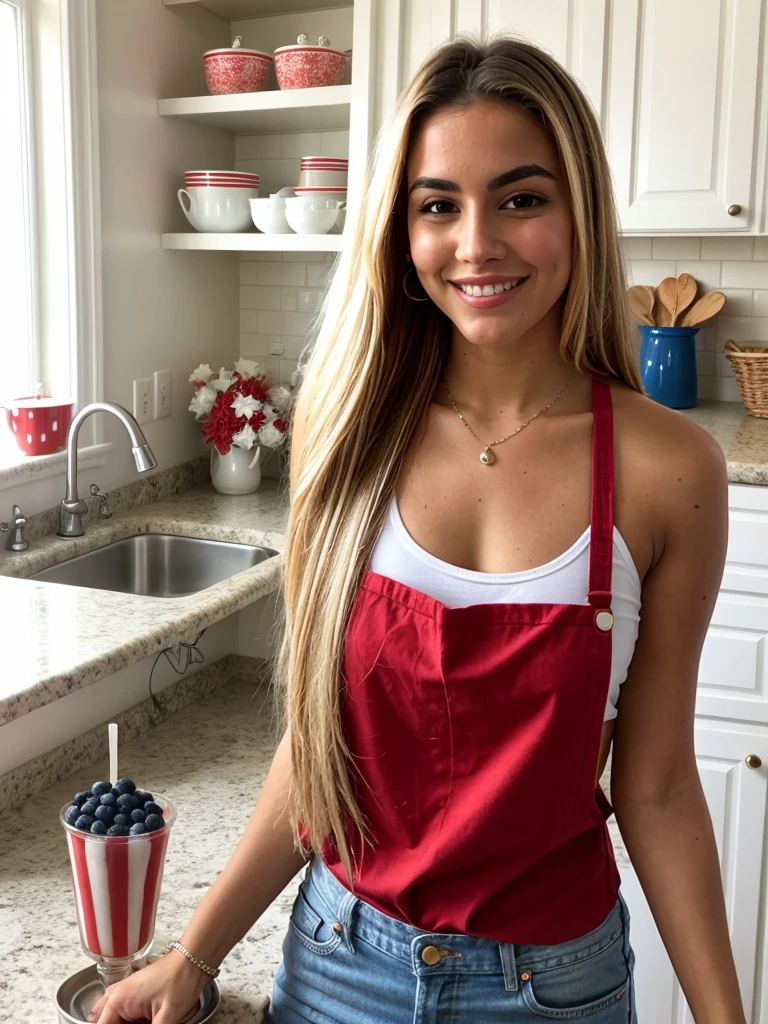 A 23-year-old blonde woman, ((pechos grandes)), ((hiperrealismo)). Blonde hair with light brown roots, cabello rubio, cabello extra largo, cabello muy largo, really long hair styled in a high ponytail. Photo taken with an iPhone, show entire body, whole body in frame, cleavage subtly visible. She is in the kitchen preparing for a 4th of July celebration, wearing a red apron over a white tank top and blue jeans. The kitchen is filled with patriotic decorations, and she is holding a tray of freshly baked cookies decorated with red, white, and blue icing, perfect hands