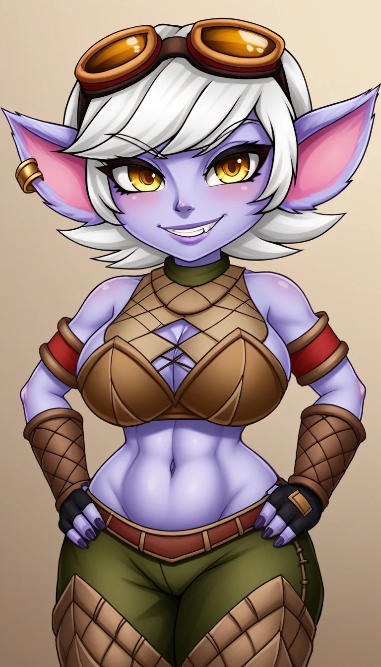 TristanaLoLXL, yordle, yellow eyes, pointy ears, by white, short hair, earrings, glasses on head, purple skin, colored skin. BIG BREASTS, belly button, caveman clothing