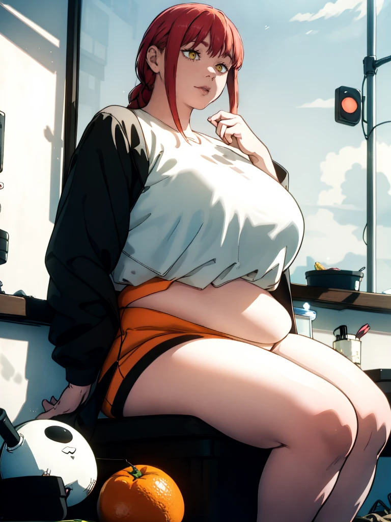 Le personnage Makima de la série animée Chainsaw Man, fragile, obésité morbide, ssbbw, pleine longueur (corps entier 1.1.), fond sombre, obscurité, anatomie correcte 1.1, anatomie correcte de la main, Très féminin, corps gras et rond, grosses Jambes, fesses, beau corps obèse, ventre rond et mou très gras, cheveux roux, Yeux oranges, Cercles rouges pour les écoliers, chemise blanche, jupe noire, cravate noire, pose sexy, réaliste, very détaillé, beau corps, détaillé body, détaillé hands, détaillé, vibrant, détaillé Face, Conception des personnages de Makima. very détaillé, détaillé body, détaillé hands, détaillé Face, Art animé, Hugh Détails, Visage très abattu, détaillé eyes, Illustration ultra fine, Meilleure ombre, détail fin, beautiful détaillé glow, beautiful détaillé, Extraordinairement beau, extremely détaillé, inexpressif, composition épique, Style animé. art animé, Style animé. Jupe noire, chemise blanche, cravatte, pose sexy