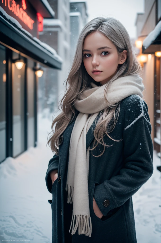 professional photography of a beautiful norwegian girl in winter clothes with long wavy hair, sensual and seductive look, beautiful symmetrical face, beautiful natural makeup, wearing chic warm winter fashion clothing, ((standing outside on the snowy city street)), impressive modern urban environment, ultra realistic, conceptual artwork, chic, highy detailed, intricate, sharp focus, Depth of field, f/1. 8, 85 mm, medium shot, mid shot, (((professional color grading))), soft and bright diffused light, (Volumetric fog), Trends on Instagram, HD 4k, 8K