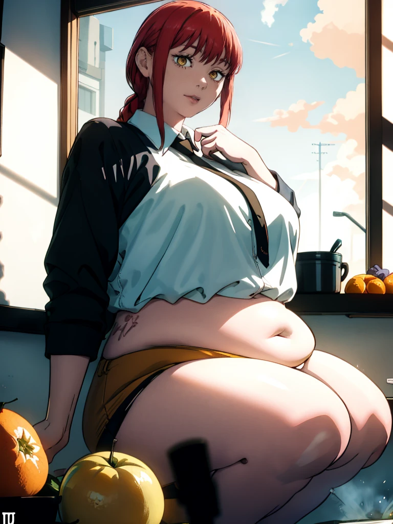 Le personnage Makima de la série animée Chainsaw Man, fragile, obésité morbide, ssbbw, pleine longueur (corps entier 1.1.), fond sombre, obscurité, anatomie correcte 1.1, anatomie correcte de la main, Très féminin, corps gras et rond, grosses Jambes, fesses, beau corps obèse, ventre rond et mou très gras, cheveux roux, Yeux oranges, Cercles rouges pour les écoliers, chemise blanche, jupe noire, cravate noire, pose sexy, réaliste, very détaillé, beau corps, détaillé body, détaillé hands, détaillé, vibrant, détaillé Face, Conception des personnages de Makima. very détaillé, détaillé body, détaillé hands, détaillé Face, Art animé, Hugh Détails, Visage très abattu, détaillé eyes, Illustration ultra fine, Meilleure ombre, détail fin, beautiful détaillé glow, beautiful détaillé, Extraordinairement beau, extremely détaillé, inexpressif, composition épique, Style animé. art animé, Style animé. Jupe noire, chemise blanche, cravatte, pose sexy