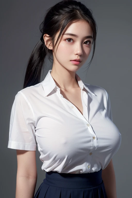 ((Highest quality)), Realistic, Photorealism, Realistic, High resolution, beautiful, high school girl, White skin, (Detailed face), (White shirt with collar,Navy blue flared skirt),(Huge breasts:1.2), Highest quality, 超High resolution, (Realistic:1.4),ponytail (Black Hair:1),Big breasts hidden under the shirt,Staring at the audience,Beautiful delicate eyes,A soft smile