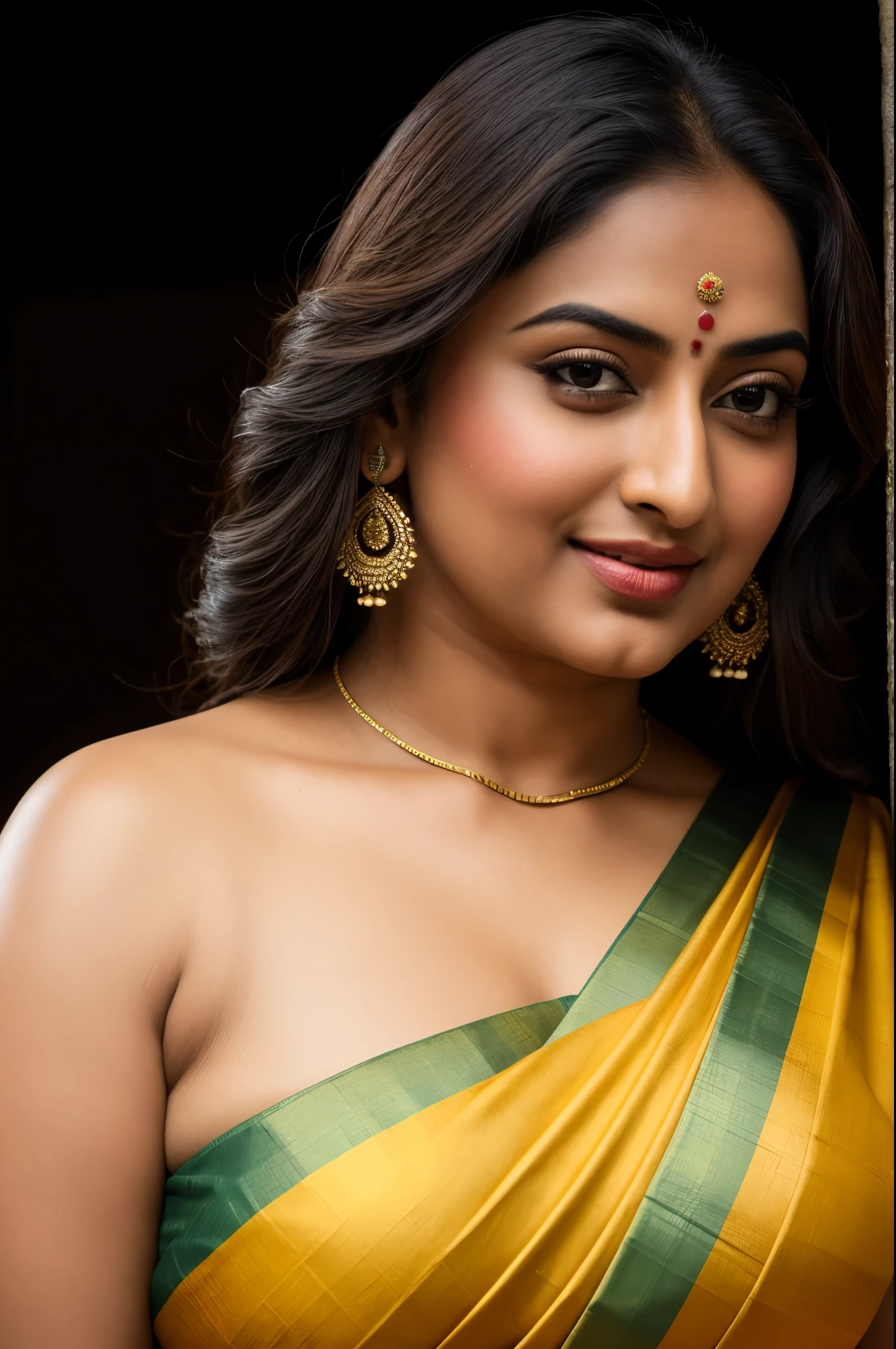 Foto RAW, photorealistic, photography, full body shot, master shot, perfect eyes, goddess like beauty, pierced eyes, perfect thick chubby mallu Desi aunty bhabhi, Wearing a Stanapatta, a chest-band.Saree model, model Photography, Indian saree shoot, Indian traditional wear advertising photography, traditional wear brand shoot, face of Indian actress Sonakshi Sinha, masterpiece, realistic, realism, incredible details, pleasure, photorealism, detailed skin, skin pores, high contrast, photorealistic Artstation 8k HD digital art trend of high definition and detailed realistic skin texture, ultra detail, realistic skin texture, armature, best quality, ultra high definition, (photorealistic:1.4),, high resolution, detail, raw photo, sweat, Re sharp, by Lee Jefferies Nikon D850 Film Stock Photo 4 Kodak Portra 400 Camera F1.6 Lens Rich Color Ultra Real Realistic Realistic Textures Dramatic Lighting Unreal Engine Trending at Art Station Cinestill 800,(pele altamente detalhada: 1.2), 8k UHD, DSLR, soft-lighting, alta qualidade, grain of film, Fujifilm XT3,she didn't like to wear blouse or bra, she is happy to wear only saree, she hates blouse or bra, detailed hairy armpits, hyper realistic skin, skin pores, sweat, veins,