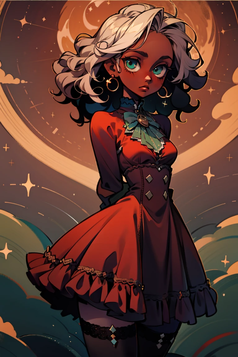 masterpiece, absurdres, 1girl, cowboyshot, tachi-e, mature woman, best aesthetics, medium breasts, wide hips, thick thighs, dark hair, narrow eyes, dark skin, ankle-length dress, arched nose, soft shading, very detailed face, clean lines, dynamic pose, anatomically correct, hyperdetailed, beautiful lighting, dark atmosphere, dark eyeshadow, good makeup, detailed hair, green eyes, sparkling eyes, telescope, magic, fantasy, medieval, high fantasy, black stockings, comfy, cozy, tareme, medium chest, SFW, long dress, arms behind back, outdoors, constellations in sky, stargazing, extremely curly hair, BC shape hair strand, closed wavy hair, kinky hair, african