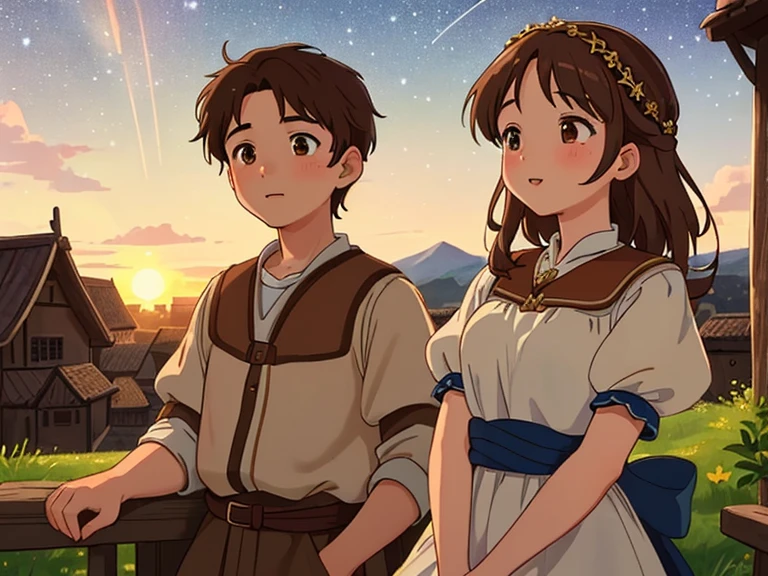 (Best quality:1.2), (masterpiece:1.2), (very detailed:1.3), 1 boy, 1 girl, 1 peasant boy, Brown hair, brown eyes and one peasant girl, Brown hair, Brown eyes, (communication), happy, in a peasant village, sunset, when day turns to night, The starry sky begins to appear above your head, Immersive image, Anime