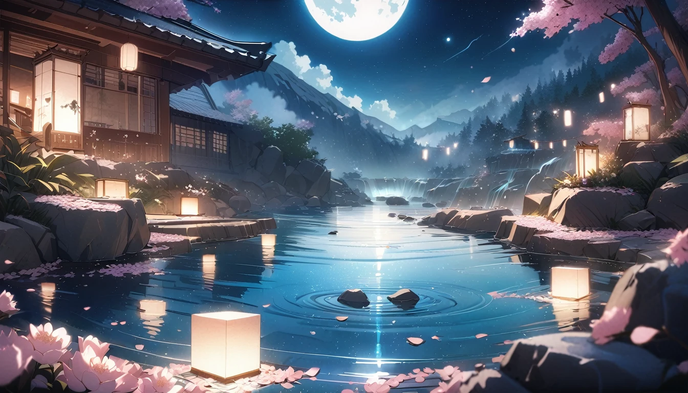 beautiful lips, cinematic, (work of art), (best qualityer), (ultra detali), very aesthetic, illustration, perfect composition, intricate details, absurderes, face detailed, (アニメ, work of art, intricate:1.3), (best qualityer, hire textures, high détail:1.2), (4K),(incredibily detailed:1.4) 《work of art》, 《best qualityer》, 《ultra detali》, hot spring, mist, stones, Cherry blossoms, glittery mist, moonlights, sky, lots of stars in the sky, water reflections of the night sky, floating lanterns above the water, flower petals in water, moon in the sky, Estilo de arte アニメ, worldofmist,
