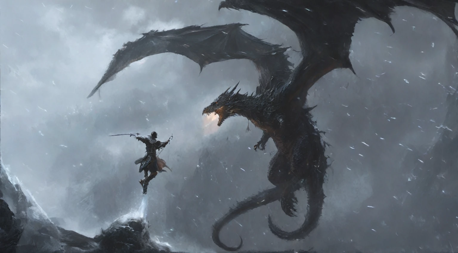 There is a warrior,There is a dragon next to it, Fight dragons, Fight dragons, Skyrim Art, epic elder scrolls art, Dragon in the background, epic fantasy illustration, elder scrolls art, Epic Fantasy Artwork, 4K fantasy art, Dragon flying in the background, Alduin, Epic fantasy digital art style, Ominous fantasy illustration, epic dragon
