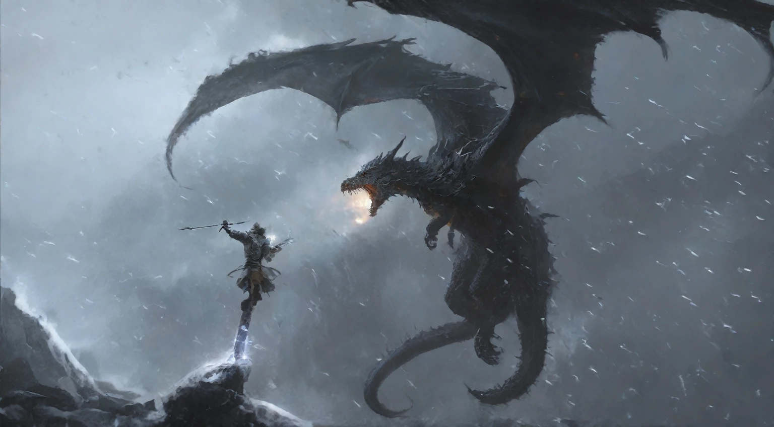 There is a warrior,There is a dragon next to it, Fight dragons, Fight dragons, Skyrim Art, epic elder scrolls art, Dragon in the background, epic fantasy illustration, elder scrolls art, Epic Fantasy Artwork, 4K fantasy art, Dragon flying in the background, Alduin, Epic fantasy digital art style, Ominous fantasy illustration, epic dragon