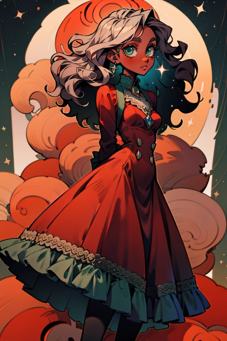 masterpiece, absurdres, 1girl, cowboyshot, tachi-e, mature woman, best aesthetics, medium breasts, wide hips, thick thighs, dark hair, narrow eyes, dark skin, ankle-length dress, arched nose, soft shading, very detailed face, clean lines, dynamic pose, anatomically correct, hyperdetailed, beautiful lighting, dark atmosphere, dark eyeshadow, good makeup, detailed hair, green eyes, sparkling eyes, telescope, magic, fantasy, medieval, high fantasy, black stockings, comfy, cozy, tareme, medium chest, SFW, long dress, arms behind back, outdoors, constellations in sky, stargazing, extremely curly hair, BC shape hair strand, closed wavy hair, kinky hair, african