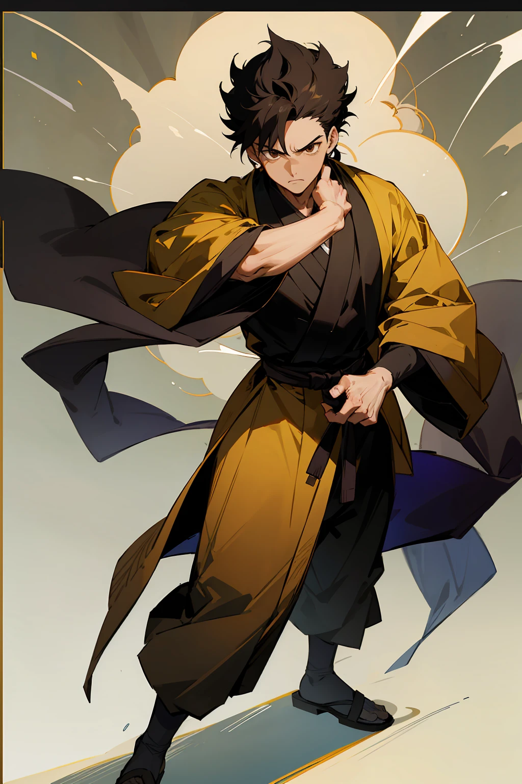 1male, Male, Black Short Hair, Brown Eyes, Perfect Generation, Masterpiece Quality, serious expression, Standing in a Village, Black Shihakusho Outfit, Fighter Wraps