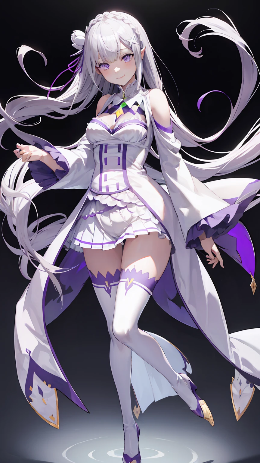 Lezero Emilia, emilia, braid, Crown braid, flower, Hair Flower, hair ornament, Hair Ribbon, Long hair, pointy ear, (Purple eyes:1.2), White hair, x hair ornament,
Break Detach Color, Detached sleeves, frilly sleeves, frilld, Long sleeves, Miniskirt, Pleated skirt, bow ribbon, Skirt, thighs thighs thighs thighs, White skirt, White sleeves, white thighhig, Wide sleeves, zettai ryouiki,
BREAK (masutepiece:1.2), Best Quality, High resolution, Unity 8k Wallpaper, (Illustration:0.8), (Beautiful detailed eyes:1.6), extra detailed face, Perfect Lighting, extremely details CG, (Perfect hands, Perfect Anatomy),is standing、Evil Fall, 1girl in, solo, pubic tattoo,Lipakeup、lip stick、eye line / Mascara Eyeshadow Evil Fall、Bad Woman、bad looking、Empty eyes、Psychopaths、Eyes pink、Grinning、Smile, lightsmile,Knives、low angles、leggy、Long leguchimuchi、Transparent pupils、, ((Positive pregnancy test))fullbody image、high-heels、High heels
