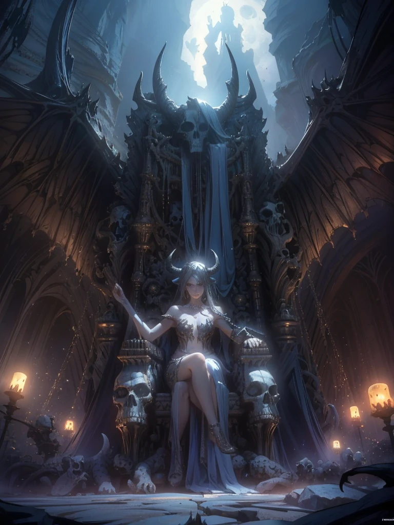 a fantasy image, a cave full of bones and a throne of skulls, it should show a thin moonlight, in the center of the image there should be a woman with bat wings and horns, the bottom should be rocky with an opening at the top of the cave.