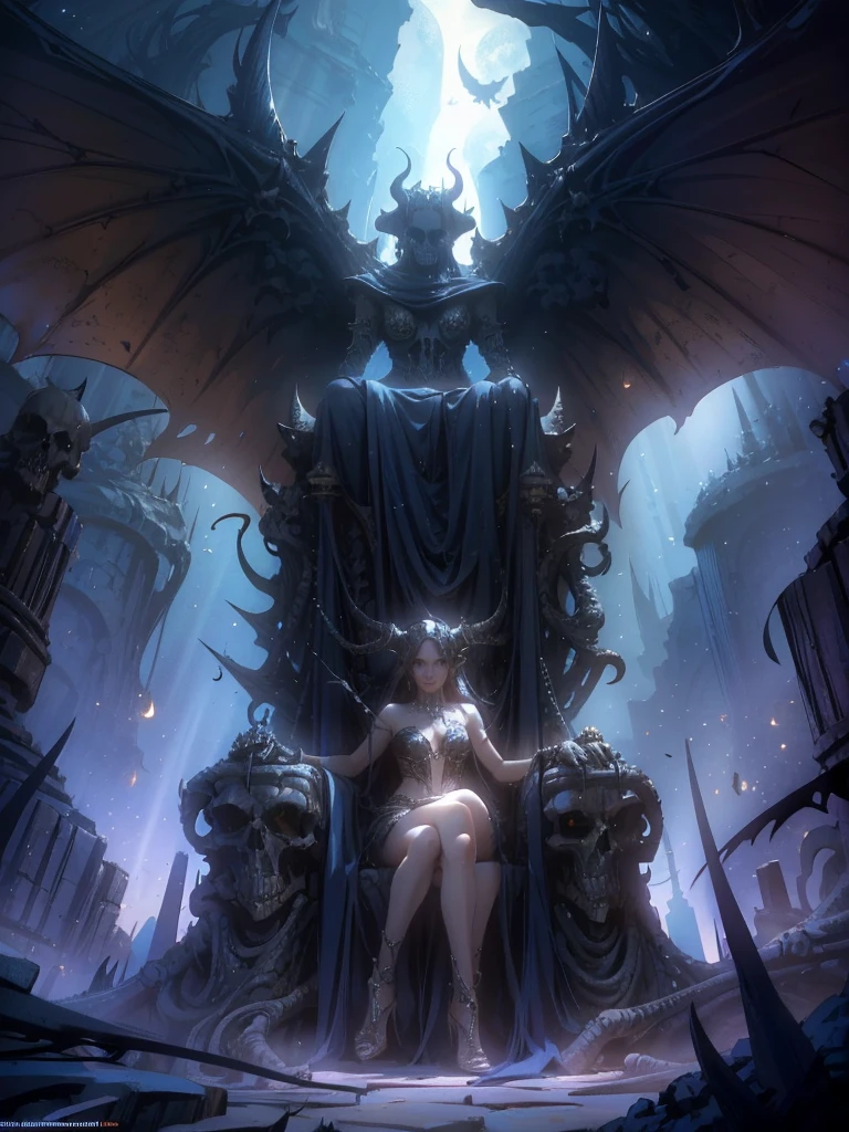 a fantasy image, a cave full of bones and a throne of skulls, it should show a thin moonlight, in the center of the image there should be a woman with bat wings and horns, the bottom should be rocky with an opening at the top of the cave.
