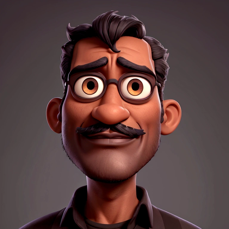 dark man, with mustache and goatee, dark short hair, dark shaped eyes, serious countenance, Disney Pixar animation