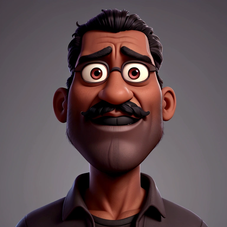 dark man, with mustache and goatee, dark short hair, dark shaped eyes, serious countenance, Disney Pixar animation