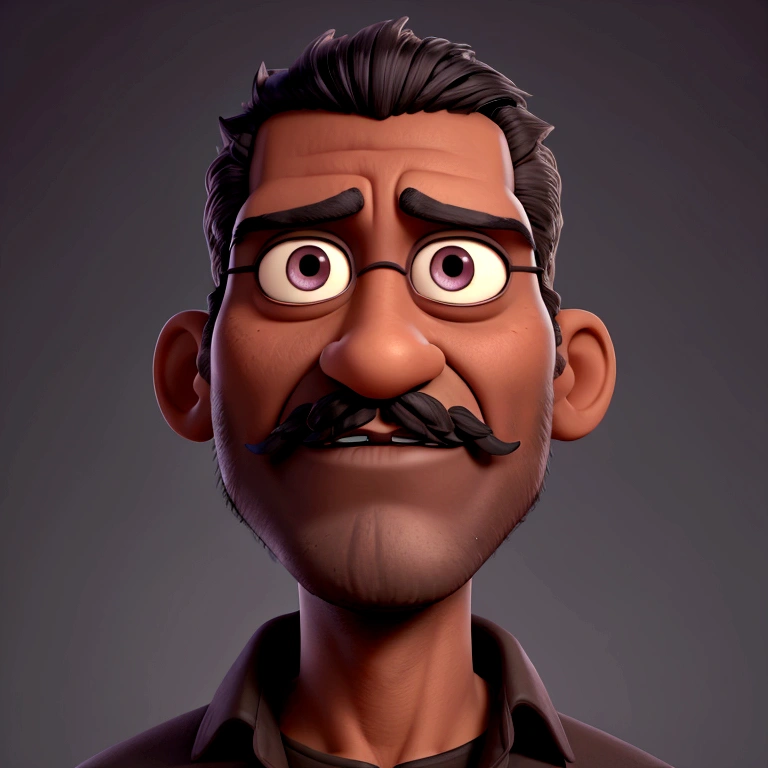 dark man, with mustache and goatee, dark short hair, dark shaped eyes, serious countenance, Disney Pixar animation
