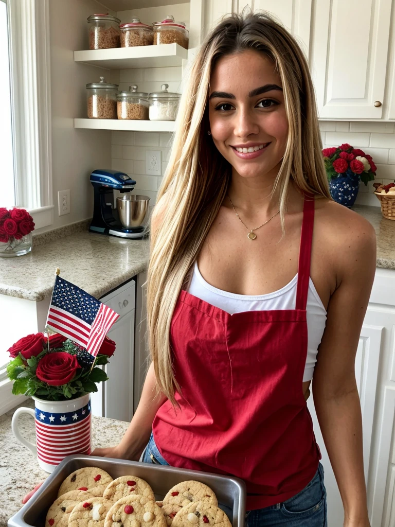 A 23-year-old blonde woman, ((pechos grandes)), ((hiperrealismo)). Blonde hair with light brown roots, cabello rubio, cabello extra largo, cabello muy largo, really long hair styled in a high ponytail. Photo taken with an iPhone, show entire body, whole body in frame, cleavage subtly visible. She is in the kitchen preparing for a 4th of July celebration, wearing a red apron over a white tank top and blue jeans. The kitchen is filled with patriotic decorations, and she is holding a tray of freshly baked cookies decorated with red, white, and blue icing, perfect hands