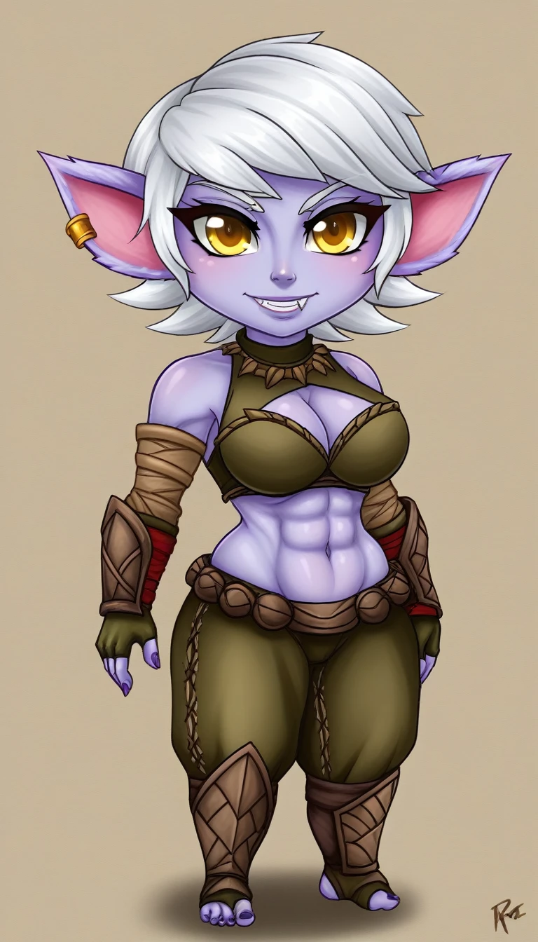 TristanaLoLXL, yordle, yellow eyes, pointy ears, by white, short hair, purple skin, colored skin. BIG BREASTS, belly button, caveman clothing, Chibi