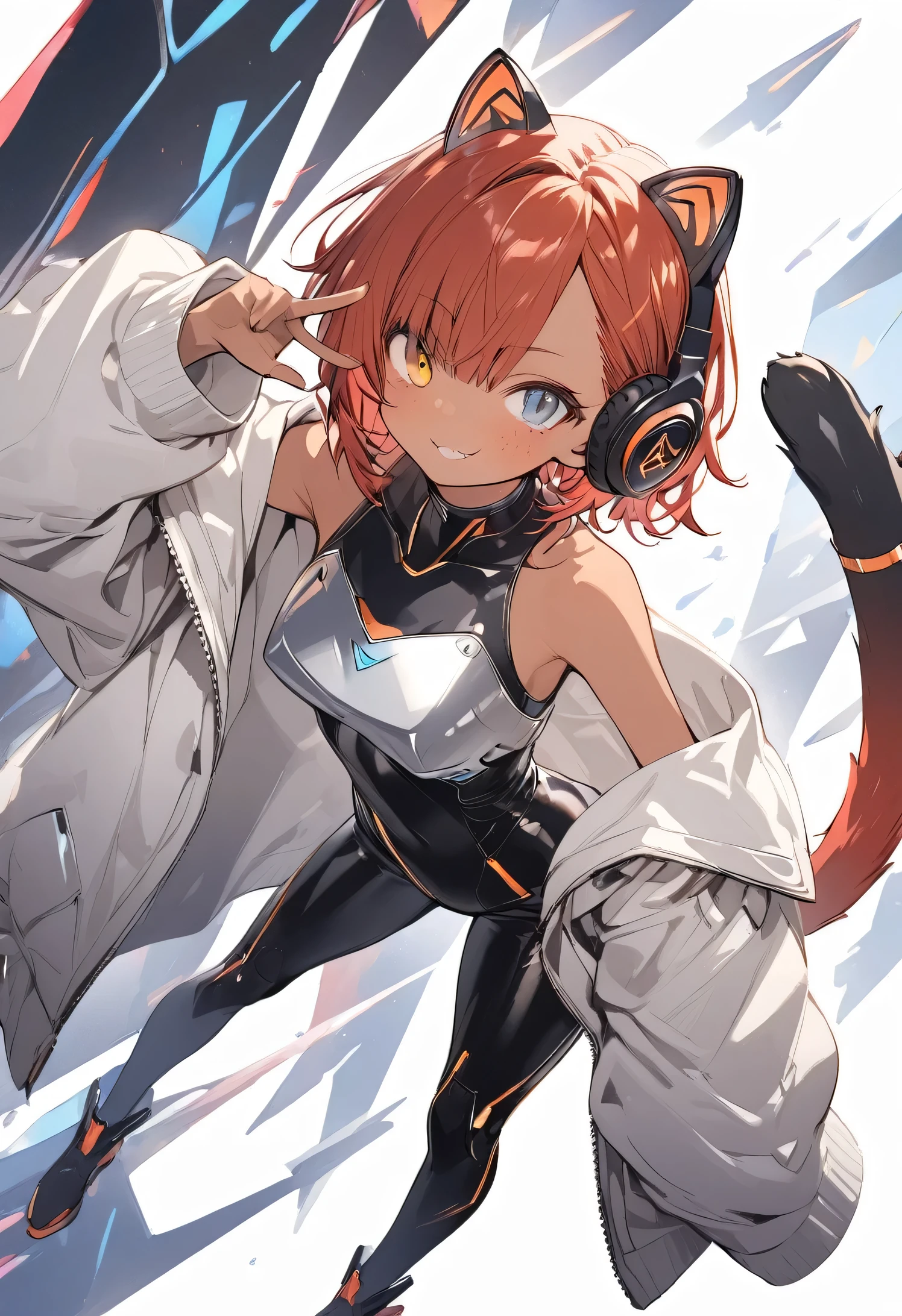 full body,1 woman, 20 years old (cute:1.3),short red Hair, left eye blue, right eye yellow, tan skin, freckles,{White breastplate, Black futuristic cat ear headphones, Mechanical black glossy metallic Bodysuit, Bare shoulders, oversized jacket, futuristic cat tail, Glossy, shiny material, hand on hip pose