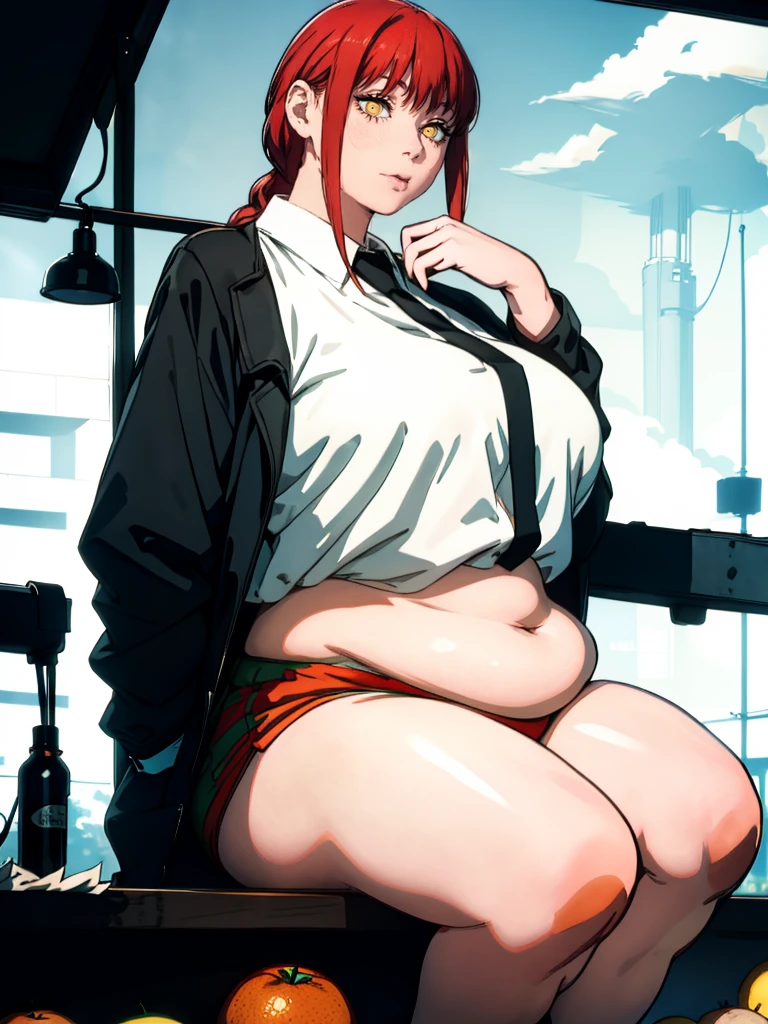 Le personnage Makima de la série animée Chainsaw Man, fragile, obésité morbide, ssbbw, pleine longueur (corps entier 1.1.), fond sombre, obscurité, anatomie correcte 1.1, anatomie correcte de la main, Très féminin, corps gras et rond, grosses Jambes, fesses, beau corps obèse, ventre rond et mou très gras, cheveux roux, Yeux oranges, Cercles rouges pour les écoliers, chemise blanche, jupe noire, cravate noire, pose sexy, réaliste, very détaillé, beau corps, détaillé body, détaillé hands, détaillé, vibrant, détaillé Face, Conception des personnages de Makima. very détaillé, détaillé body, détaillé hands, détaillé Face, Art animé, Hugh Détails, Visage très abattu, détaillé eyes, Illustration ultra fine, Meilleure ombre, détail fin, beautiful détaillé glow, beautiful détaillé, Extraordinairement beau, extremely détaillé, inexpressif, composition épique, Style animé. art animé, Style animé. Jupe noire, chemise blanche, cravatte, pose sexy, jupe noire, visage gros et gras, visage bouffi et double menton