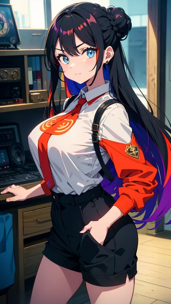 best quality, extremely detailed, anime style adult 1girl, long hair down to the waist, straight hair, ((dark black hair with bluish)), ponybun,crown braid,beautiful detailed eyes, pinched eyes, dark blue eyes, huge breasts,curvy,((((colorful game motif clothing)))),((short trousers)),Clothes with a lot of cloth area,light smile,((Luxurious room)),animation cap,animated gif