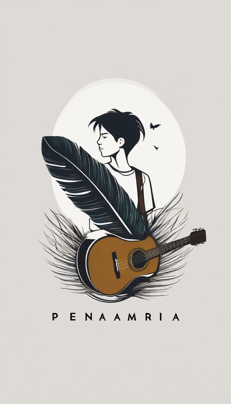A minimal, modern, simple, cinematic logo design for the brand “Penamemoria". The logo design of a boy with a head of a feather playing acoustic guitar. The logo must convey a sense of music, stories and dreams. Minimalistic logo design of a boy dissolving into a feather of dreams and memories