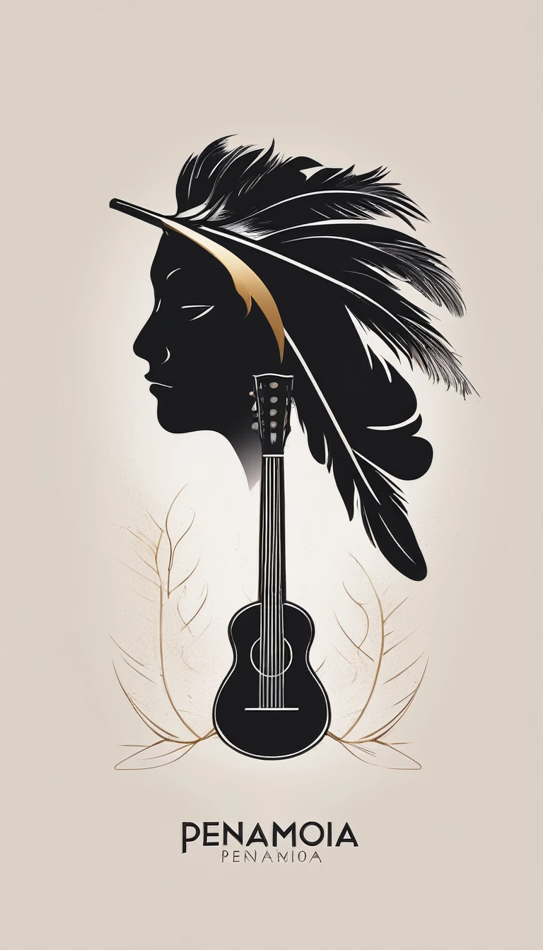A minimal, modern, simple, cinematic logo design for the brand “Penamemoria". The logo design of a boy with a head of a feather playing acoustic guitar. The logo must convey a sense of music, stories and dreams. Minimalistic logo design of a boy dissolving into a feather of dreams and memories