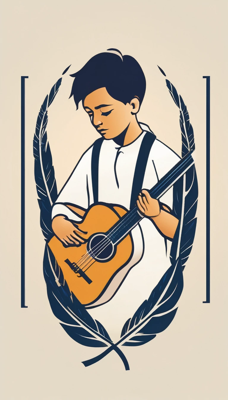 A minimal, modern, simple, cinematic logo design for the brand “Penamemoria". The logo design of a boy with a head of a feather playing acoustic guitar. The logo must convey a sense of music, stories and dreams. Minimalistic logo design of a boy dissolving into a feather of dreams and memories