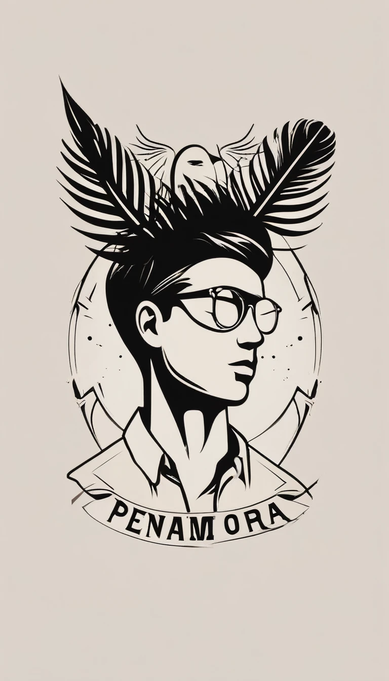 A minimal, modern, simple, cinematic logo design for the brand “Penamemoria". The logo design of a boy with a head of a feather playing acoustic guitar. The logo must convey a sense of music, stories and dreams. Minimalistic logo design of a boy dissolving into a feather of dreams and memories