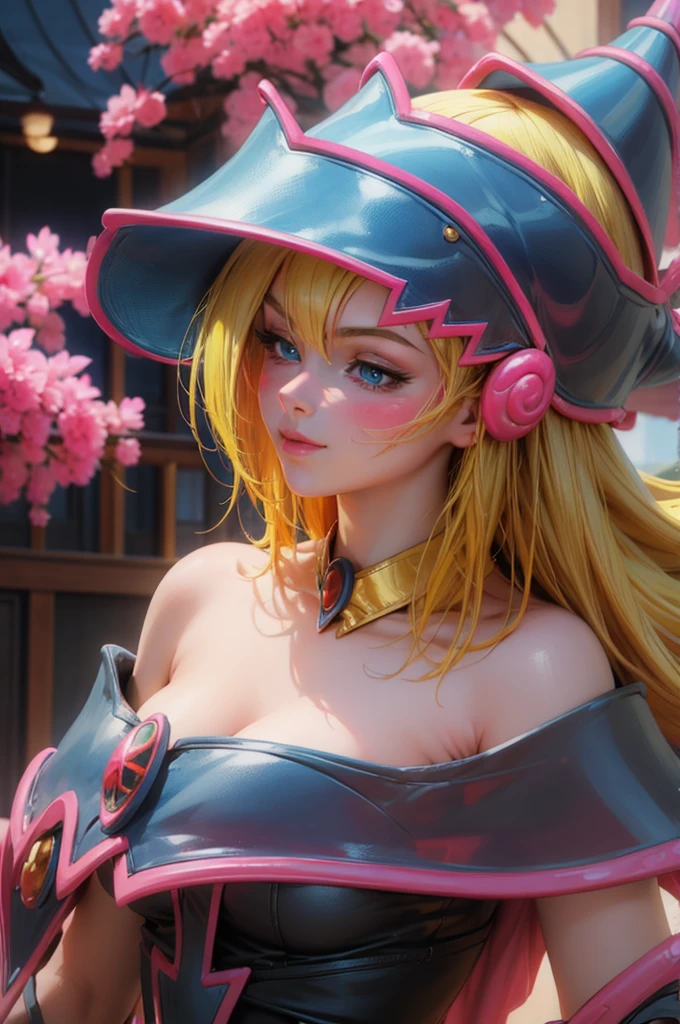 Beautiful face of dark magician gils, blue eyes. pink lips. Long blonde hair. exposed shoulders, angelic smile, beautiful well detailed face of dark magician gils. blowing a kiss. sexy kiss 