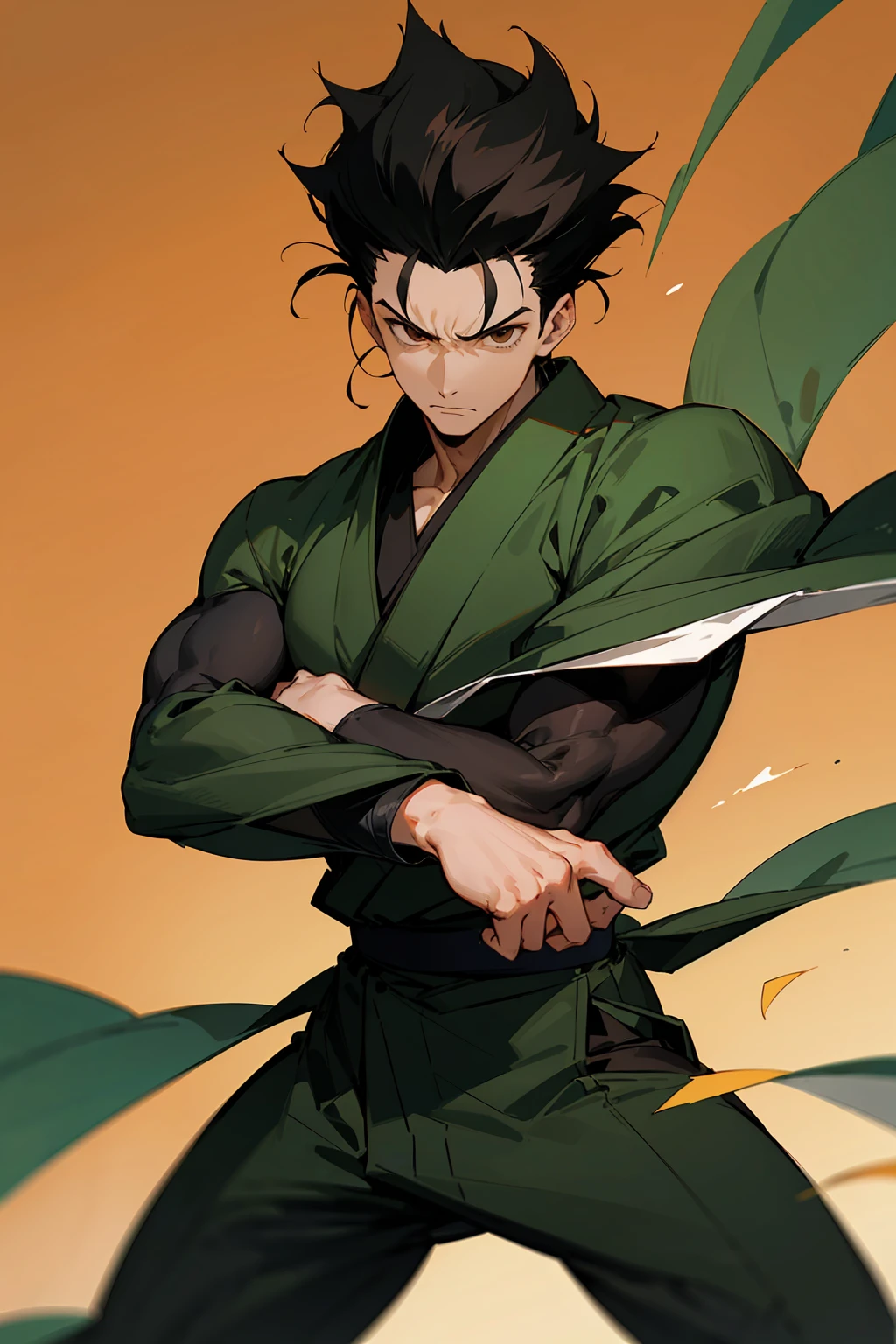 Black hair and green eyes guy, green aura, man with bangs, wearing black gi, samurai, white background, strong man