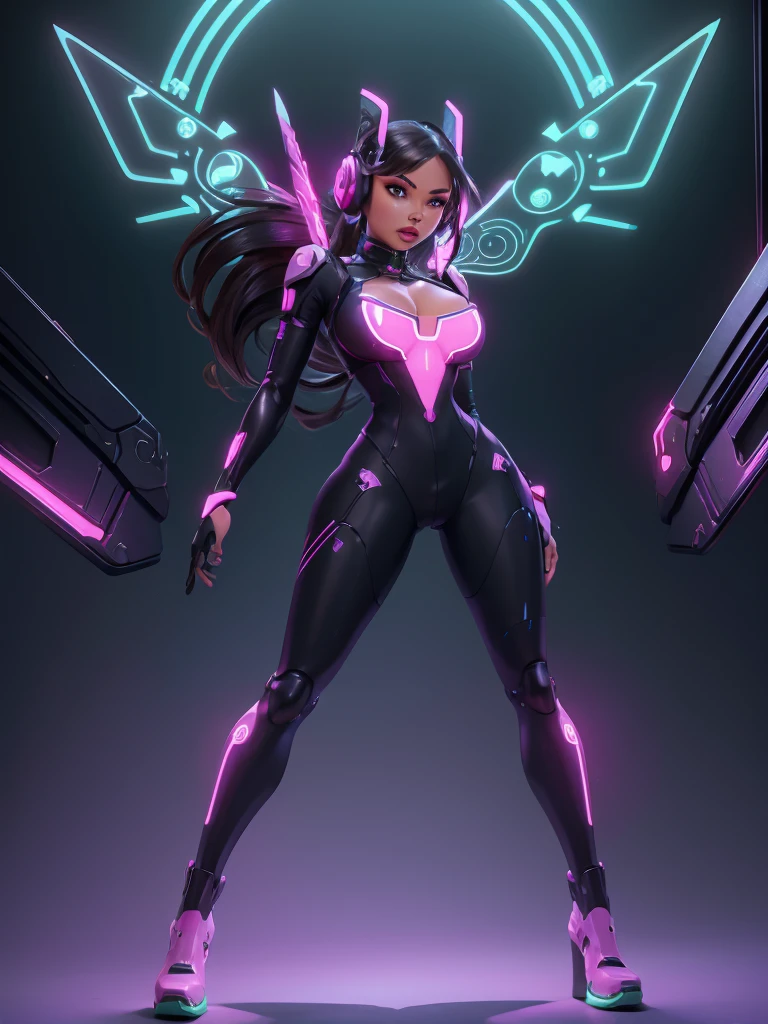 future, neon, tech Valkyrie mechanics , technology bodysuit,tech boots, tech gloves, tech headphones, cleavage, fullbody dynamic sexy pose, Tech futuristic armor. 