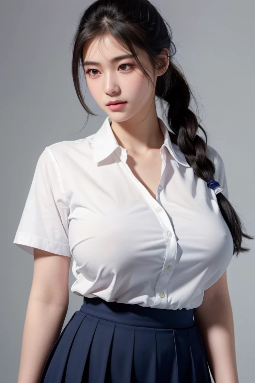 ((Highest quality)), Realistic, Photorealism, Realistic, High resolution, beautiful, high school girl, White skin, (Detailed face), (White shirt with collar,Navy blue flared skirt),(Huge breasts:1.2), Highest quality, 超High resolution, (Realistic:1.4),ponytail (Black Hair:1),Big breasts hidden under the shirt,Staring at the audience,Beautiful delicate eyes,A soft smile