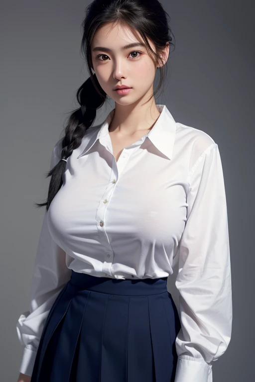((Highest quality)), Realistic, Photorealism, Realistic, High resolution, beautiful, high school girl, White skin, (Detailed face), (White shirt with collar,Navy blue flared skirt),(Huge breasts:1.2), Highest quality, 超High resolution, (Realistic:1.4),ponytail (Black Hair:1),Big breasts hidden under the shirt,Staring at the audience,Beautiful delicate eyes,A soft smile