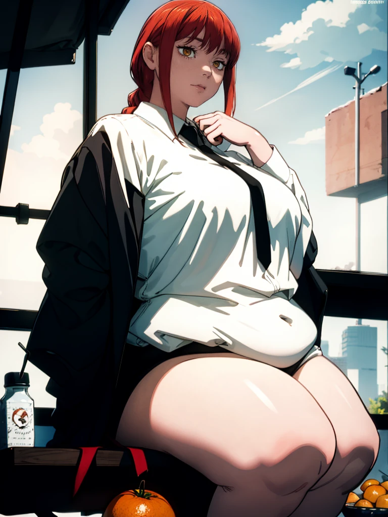 Le personnage Makima de la série animée Chainsaw Man, fragile, obésité morbide, ssbbw, pleine longueur (corps entier 1.1.), fond sombre, obscurité, anatomie correcte 1.1, anatomie correcte de la main, Très féminin, corps gras et rond, grosses Jambes, fesses, beau corps obèse, ventre rond et mou très gras, cheveux roux, Yeux oranges, Cercles rouges pour les écoliers, chemise blanche, jupe noire, cravate noire, pose sexy, réaliste, very détaillé, beau corps, détaillé body, détaillé hands, détaillé, vibrant, détaillé Face, Conception des personnages de Makima. very détaillé, détaillé body, détaillé hands, détaillé Face, Art animé, Hugh Détails, Visage très abattu, détaillé eyes, Illustration ultra fine, Meilleure ombre, détail fin, beautiful détaillé glow, beautiful détaillé, Extraordinairement beau, extremely détaillé, inexpressif, composition épique, Style animé. art animé, Style animé. Jupe noire, chemise blanche, cravatte, pose sexy