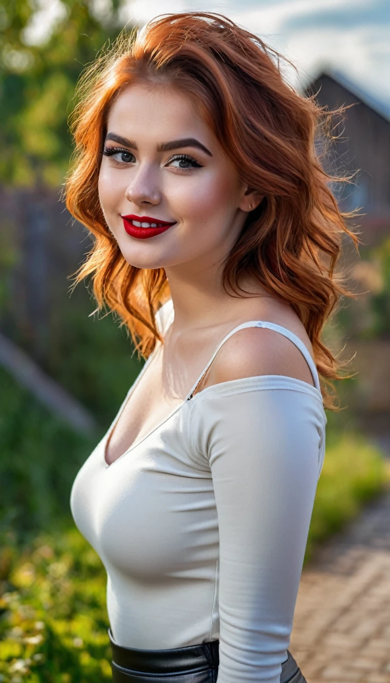 ultrarealistic high quality full body photo of a beautiful super busty slim european 19-year-old woman with cute hyperdetailed serious face and redhead shoulder length messy hair and shy smile, realistic round black eyes, red lips, dark eye makeup with eyeliner, wearing bodycon longsleeve and faux leather leggins, hourglass body, tanned, outdoor photography