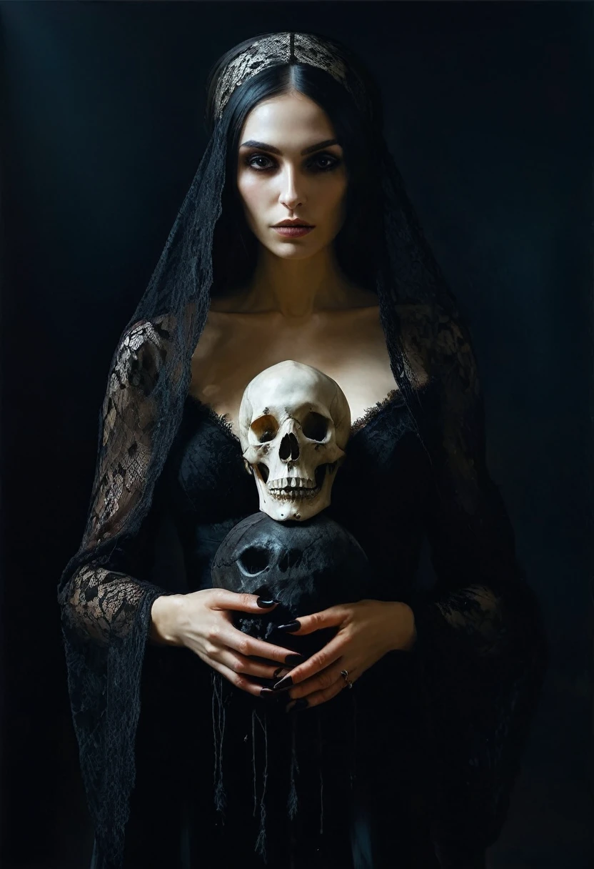 painting of a WITCH, very beautiful, perfect hands. long black nails, black lace clothes, holding a human skull in her hands, cinematic scene, volumetric lights, ultra realistic, in the style of nicola samori