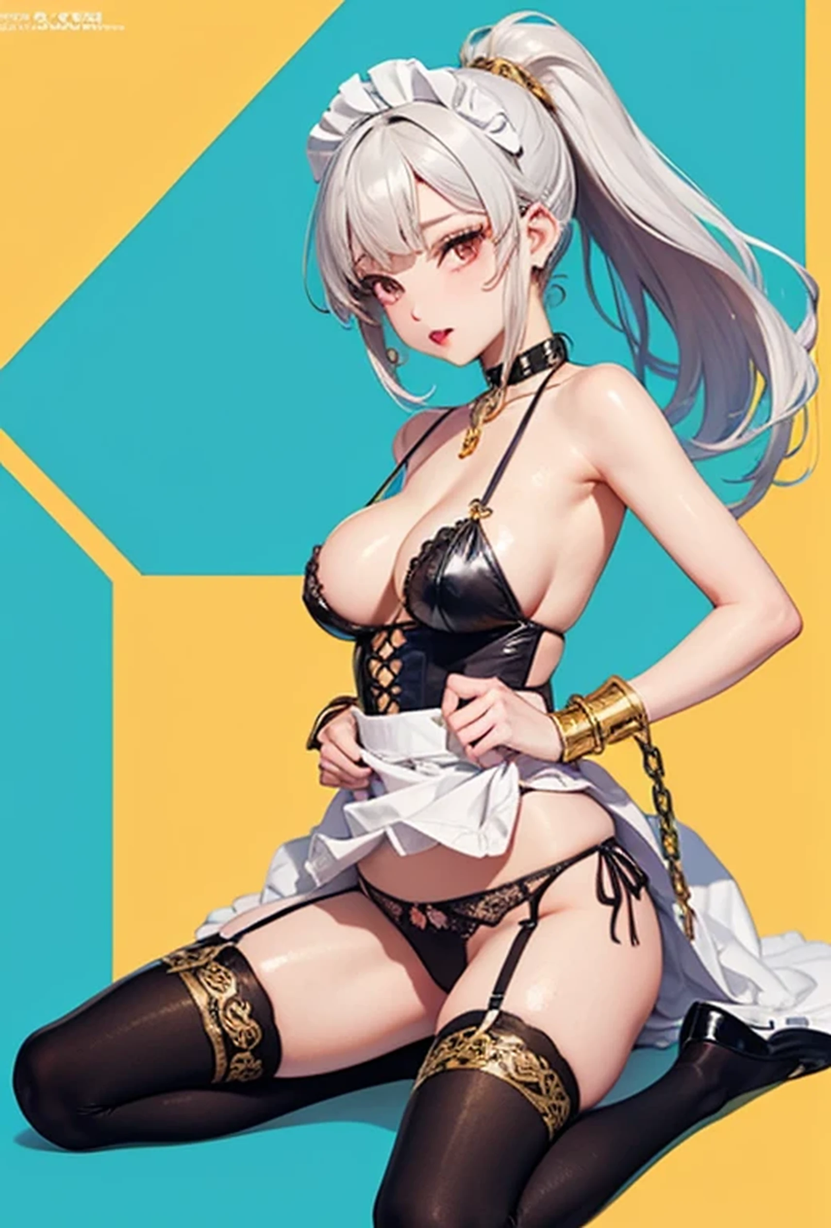 (Super detailed、Ultra-high resolution、8K masterpiece、Vibrant colors)、((Flat Color))、((colorful))、Multicolored lighting、((浮かぶcolorfulな水))、Blue background、
Maid clothesを着て縛られた女、(Golden chains on body、Golden handcuffs)、sit、Random Sexy Poses、Angle seen from behind、
(ponytail、Vermilion, silver and gold hair、Big Breasts、Brown Skin、Red lipstick)、(Maid clothes、choker、hair ornaments、Skirt with slits、Knee-high stockings、garter belt、Wedgie Panties)、Beautiful hip line、TWICE's Tzuyu' on pause、Beautiful blue eyes、(A rich expression、Ahegao、happy、fun)
