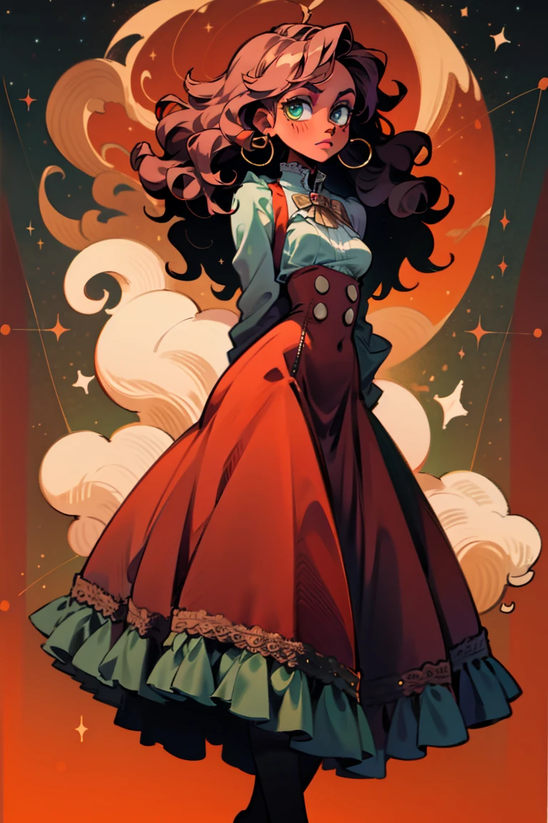 masterpiece, absurdres, 1girl, cowboyshot, tachi-e, mature woman, best aesthetics, medium breasts, wide hips, thick thighs, dark hair, narrow eyes, dark skin, ankle-length dress, arched nose, soft shading, very detailed face, clean lines, dynamic pose, anatomically correct, hyperdetailed, beautiful lighting, dark atmosphere, dark eyeshadow, good makeup, detailed hair, green eyes, sparkling eyes, telescope, magic, fantasy, medieval, high fantasy, black stockings, comfy, cozy, tareme, medium chest, SFW, long dress, arms behind back, outdoors, constellations in sky, stargazing, extremely curly hair, BC shape hair strand, closed wavy hair, kinky hair, african, adult woman