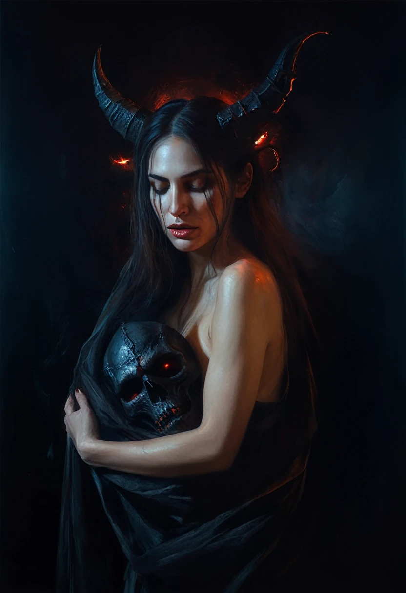 painting of a beautiful woman is carefully hugged by a demon, dark atmosphere, cinematic scene, volumetric lights, ultra realistic, in the style of nicola samori