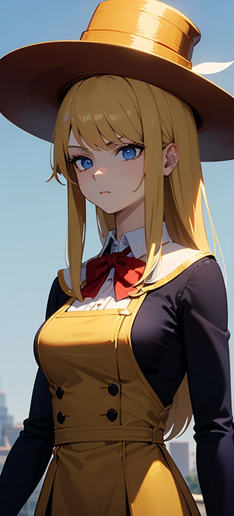 (( straight face picture )) ((best quality)), ((Masterpiece)), (details), Young woman , yellow hair , long hair , tie up hair ,With a red bow , Reserve female magic , blue eyes ,Blue purple set, Gold pattern, wearing a big brimmed hat , Magician , The dress is very beautiful. ,long dress