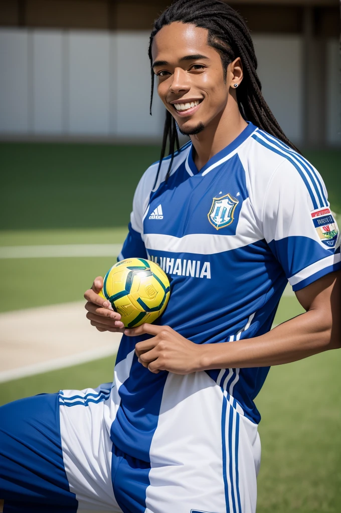 a male anime character, with the smile of ronaldinho gaucho, ronaldinho gaucho hair, dark-skinned, Brazilian National Team Shirt