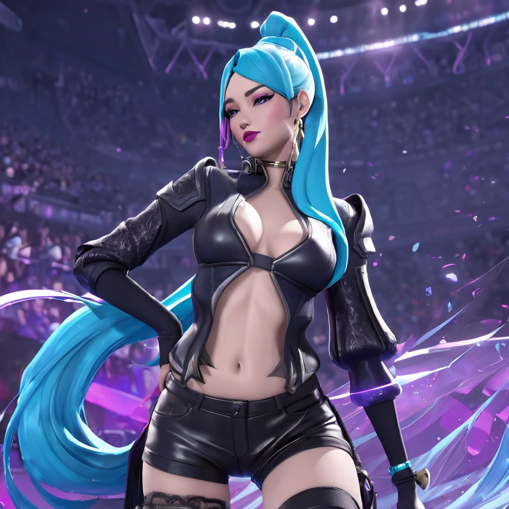 1 girl, 3d, 34 years, afterimage, cyan hair, (ponytail), black Hair, (K/DA All Out Seraphine Clothing), pull clothes, Cowboy-shot, contrasting sleeves, looking down at viewer, (League of legends), lips, Long hair, medium breasts, alone, tight attire, tight Hose