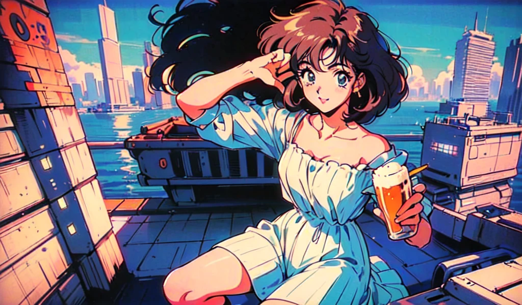 Retro arcade anime, 80年代のAnime atmosphere, 80s anime style, Retro anime, 1980's anime style, Retro anime images, Anime atmosphere, Drinking whiskey,Whiskey glass near face,whiskey, smile