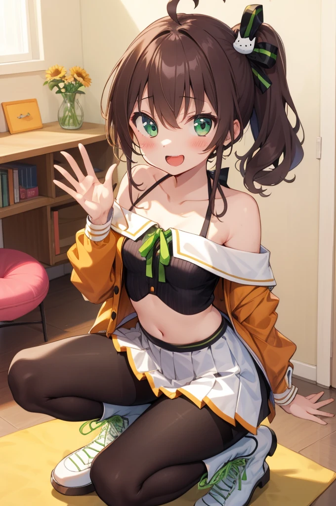 masterpiece, best quality, ultra-detailed, illustration, 1girl, :d, ahoge, bangs, bare shoulders, black pantyhose, black ribbon, blush, boots, breasts, camisole, cat hair ornament, clothes lift, collarbone, crop top, cropped jacket, full body, green eyes, green ribbon, hair between eyes, hair ornament, hair ribbon, halterneck, hand up, jacket, lifted by self, looking at viewer, medium hair, midriff, miniskirt, natsuiro matsuri, neck ribbon, off-shoulder jacket, off shoulder, open mouth, orange jacket, pantyhose, pleated skirt, ribbon, shirt, short sleeves, side ponytail, side slit, skirt, skirt lift, smile, solo, spaghetti strap, squatting, striped, waving, white footwear, white skirt,my room