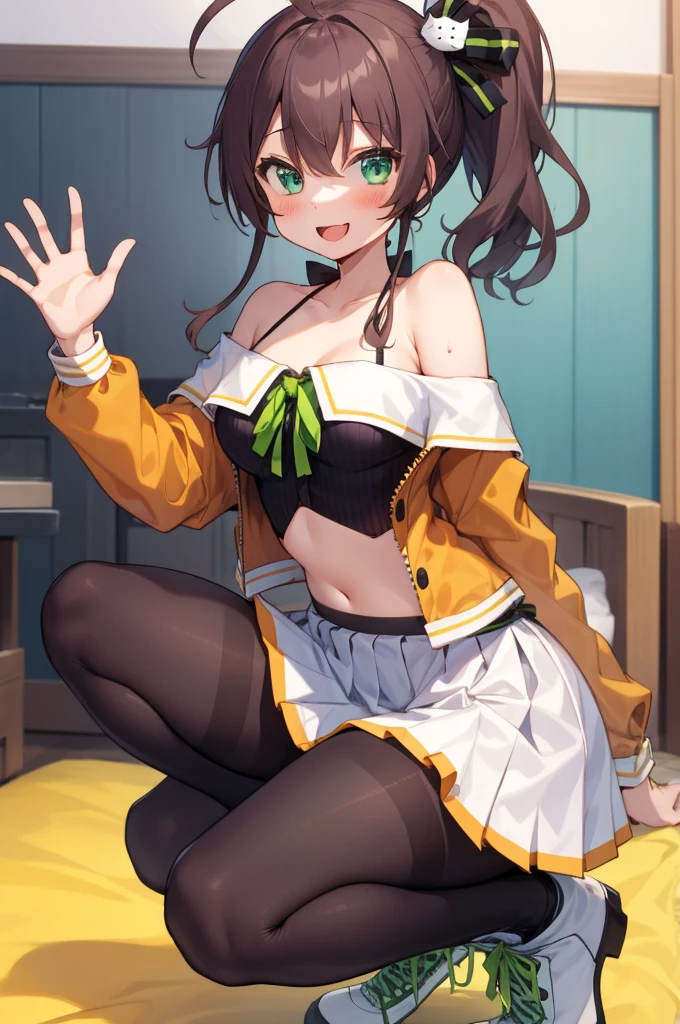 masterpiece, best quality, ultra-detailed, illustration, 1girl, :d, ahoge, bangs, bare shoulders, black pantyhose, black ribbon, blush, boots, breasts, camisole, cat hair ornament, clothes lift, collarbone, crop top, cropped jacket, full body, green eyes, green ribbon, hair between eyes, hair ornament, hair ribbon, halterneck, hand up, jacket, lifted by self, looking at viewer, medium hair, midriff, miniskirt, natsuiro matsuri, neck ribbon, off-shoulder jacket, off shoulder, open mouth, orange jacket, pantyhose, pleated skirt, ribbon, shirt, short sleeves, side ponytail, side slit, skirt, skirt lift, smile, solo, spaghetti strap, squatting, striped, waving, white footwear, white skirt,my room