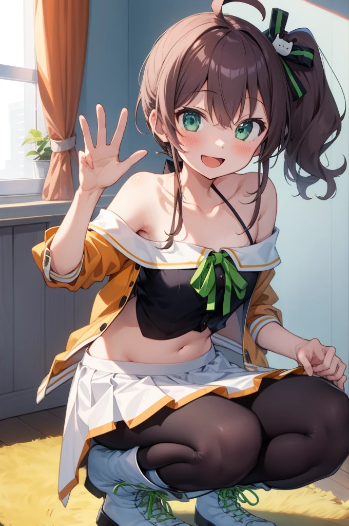 masterpiece, best quality, ultra-detailed, illustration, 1girl, :d, ahoge, bangs, bare shoulders, black pantyhose, black ribbon, blush, boots, breasts, camisole, cat hair ornament, clothes lift, collarbone, crop top, cropped jacket, full body, green eyes, green ribbon, hair between eyes, hair ornament, hair ribbon, halterneck, hand up, jacket, lifted by self, looking at viewer, medium hair, midriff, miniskirt, natsuiro matsuri, neck ribbon, off-shoulder jacket, off shoulder, open mouth, orange jacket, pantyhose, pleated skirt, ribbon, shirt, short sleeves, side ponytail, side slit, skirt, skirt lift, smile, solo, spaghetti strap, squatting, striped, waving, white footwear, white skirt,my room