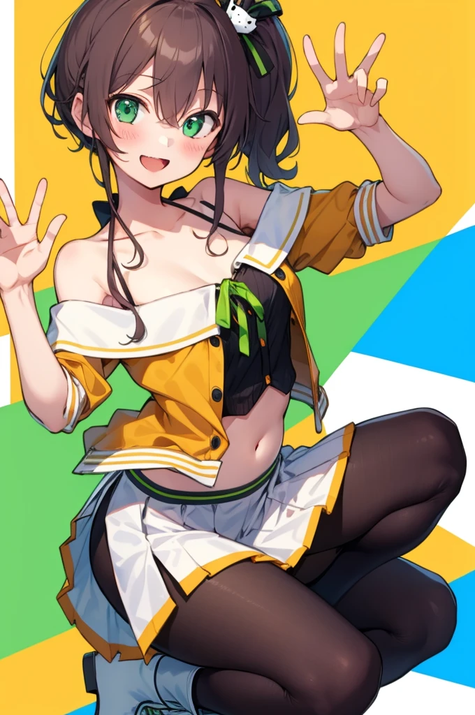 masterpiece, best quality, ultra-detailed, illustration, 1girl, :d, ahoge, bangs, bare shoulders, black pantyhose, black ribbon, blush, boots, breasts, camisole, cat hair ornament, clothes lift, collarbone, crop top, cropped jacket, full body, green eyes, green ribbon, hair between eyes, hair ornament, hair ribbon, halterneck, hand up, jacket, lifted by self, looking at viewer, medium hair, midriff, miniskirt, natsuiro matsuri, neck ribbon, off-shoulder jacket, off shoulder, open mouth, orange jacket, pantyhose, pleated skirt, ribbon, shirt, short sleeves, side ponytail, side slit, skirt, skirt lift, smile, solo, spaghetti strap, squatting, striped, waving, white footwear, white skirt,my room